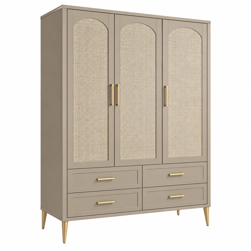 Szafa 160 x 55 x 200 cm z płyty meblowej taupe z trzema drzwiami i czterema szufladami w stylu modern classic