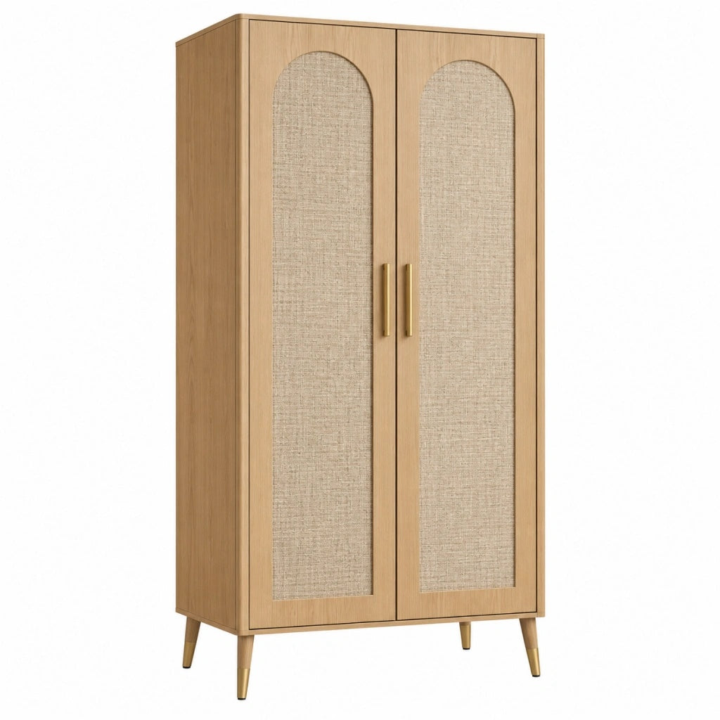 Szafa dwudrzwiowa 80 x 45 x 180 cm w kolorze jasnego drewna z plecionymi frontami w stylu retro